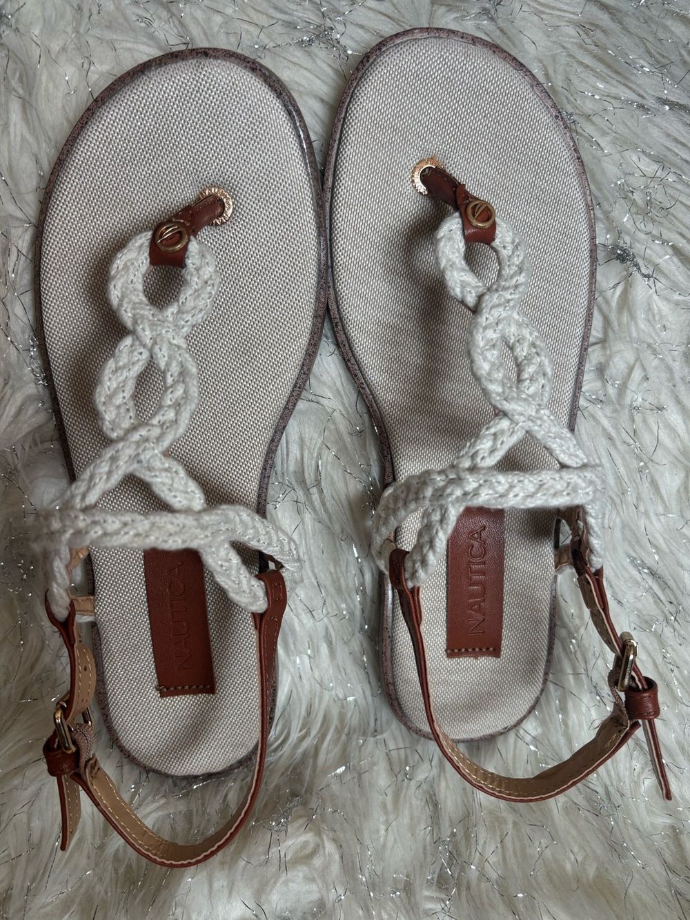 Nautica Women’s Cream Braided Thong With Brown Ankle Straps Sandals Size 6.5
